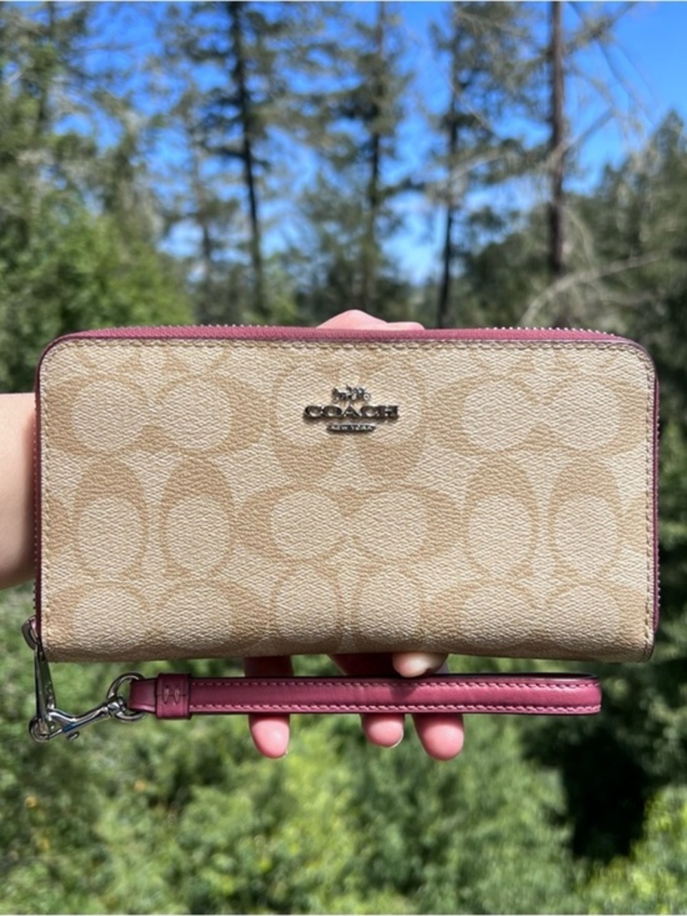 COACH Wallet Wristlet Credit Card Holder Zip-Around Wallet Khaki/Pink AUTHENTIC